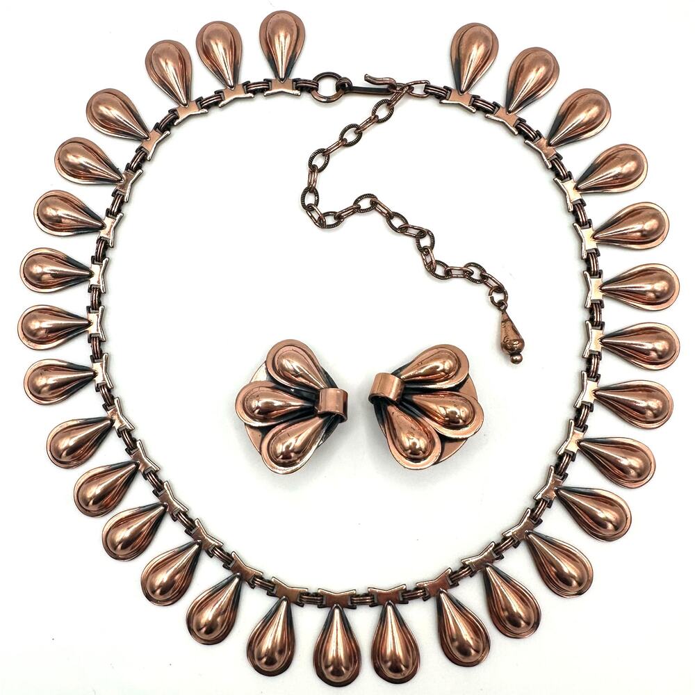 Ramé vintage solid copper modernist teardrop necklace clip on earrings set